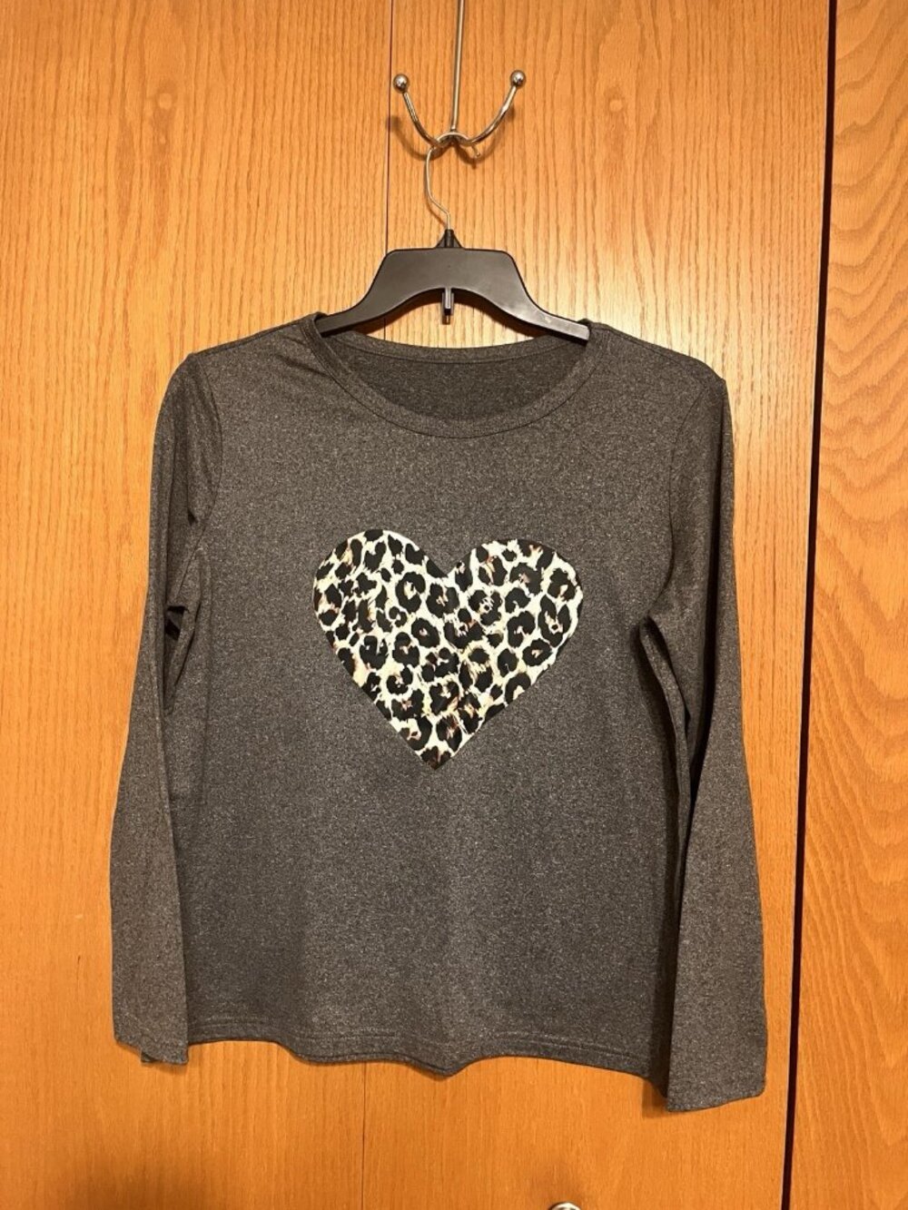 Shein Dark Heather Gray with Leopard Print Heart Long Sleeve Shirt Women's L